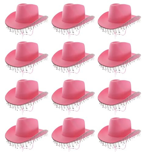 Lot de 3 chapeaux de cowgirl avec strass pour adultes - Rose - Avec franges en strass - Accessoire de déguisement pour enterrement de vie de jeune fille