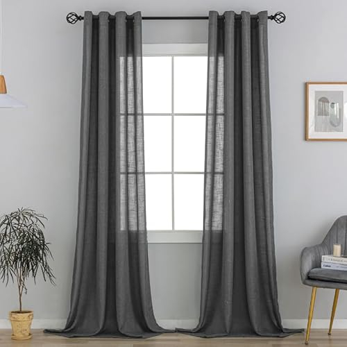 VOILYBIRD Natürliche Leinenstruktur Vorhänge mit Ösen Leinen Gardinen für Wohnzimmer 2er Set (HxB 245x140 cm, Dunkelgrau)