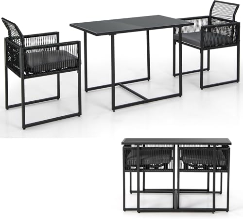 KOMFOTTEU 3-teiliges Bartisch mit Klappstühlen, Garten Bartset aus Rattan, Esstisch Set mit abnehmbaren Kissen, Gartenbar Gartenmöbel wetterfest für Terrasse Balkon, Platzsparend Schwarz