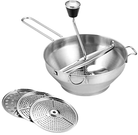 Food Mill, Stainless Steel Food Mill and Puree Maker, Grain Mill Hand with 3 Food Grinder Discs, Heavy-Duty Rotary Food Mill, Food Grinder for Mashing Grating Fruits & Vegetables