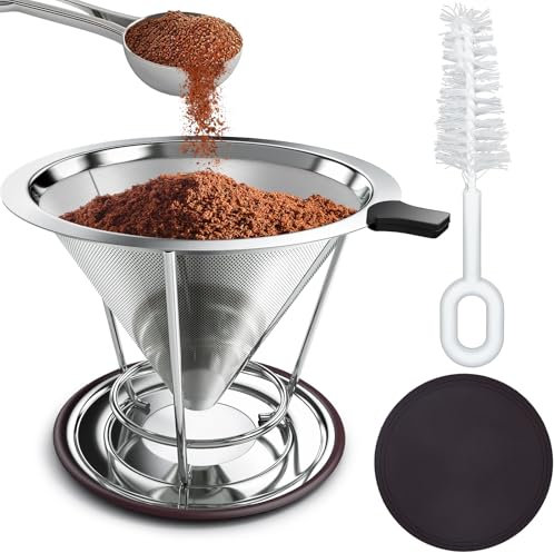 CMBPNNGS Filtro Riutilizzabile per Caffè in Acciaio Inox Permanente Filtri Rete Universale con Manico in Silicone Supporto Sottobicchieri in Silicone e Spazzola per Caffè Preparato e Caffè Freddo