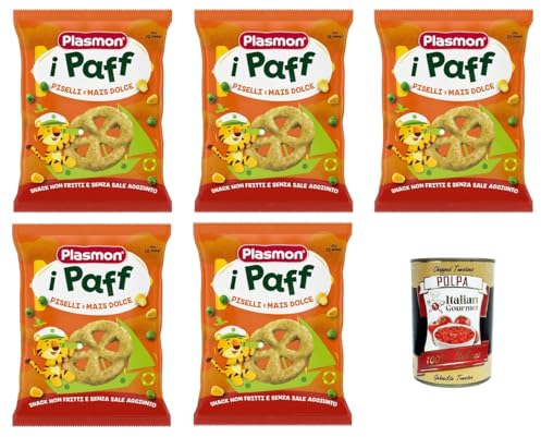 Plasmon Snack i Paff Erbsen und Zuckermais, 15 g, 5 Packungen. Snacks, nicht frittiert und ohne Salzzusatz, perfekt für die kleinen Hände Ihres Kindes + Italian Gourmet polpa 400g
