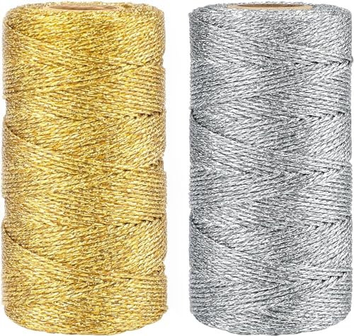 KINGLAKE 200M Kordel Gold und Silbe 1.5MM,Garn Gold und Silbe, Schnur, DIY Bastelschnur,Kordelband Unelastisch Zum Basteln,Hochzeitsdekoration,Weihnachtsdekoration oder Verpacken