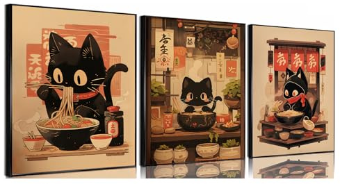 IspacK Japanische Nudeln Kunstdruck - Schwarze Katze in Tokio, Edo-Periode, Ramen Wandkunst für die Küche - Hungrige Katze