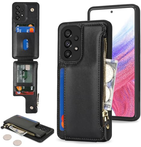 SailorTech Handyhülle für Samsung Galaxy A53 5G Etui mit Kartenfach, Samsung Galaxy A53 5G Hülle mit Kartenhalter, Samsung A53 5G Handyhülle mit Reißverschluss Geldbörse - Schwarz