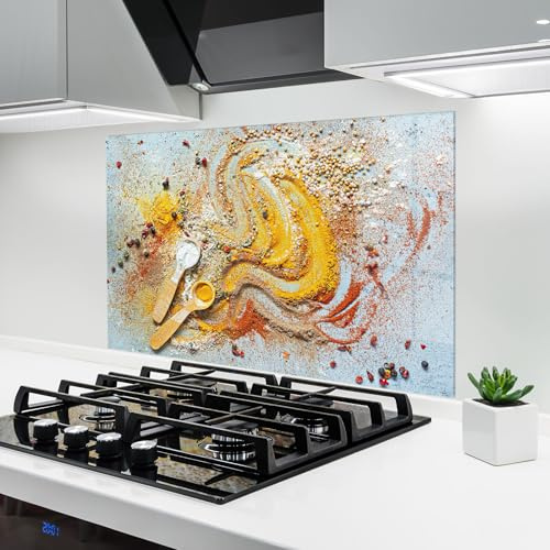 ARTHUB® Glass Kitchen Splashback 50x70 cm, Tempered Glass 4mm | Heat Resistant, Stove Splash Guard, Wall Protector, Food, Orange Yellow Powder