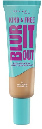 Rimmel Kind & Free, Blur It Out Mattifying Skin Tint, 400 Natural Beige, Lightweight Matte Finish, Minimises Pores, Infused with Cica Complex and Vitamin E, SPF 20, All-Day Shine Control, 30ml