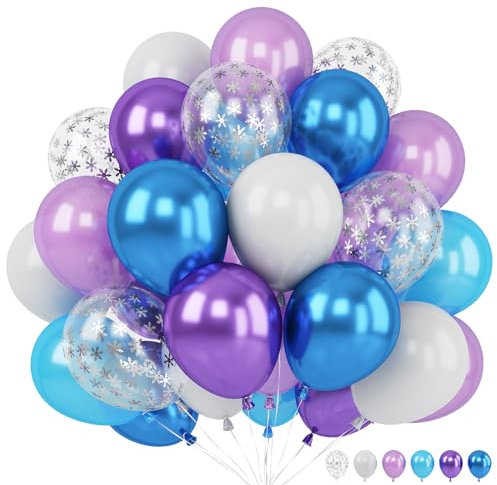 Luftballons Snowflake Frozen, 12 Zoll Frozen Metallic Blau Lila Weiß Geburtstag Luftballon mit Schneeflocken Konfetti Latex Ballons Party Deko für Mädchen Geburtstag Winterparty Hochzeit Deko