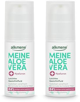 alkmene 2x Aloe Vera Gesichtsfluid mit Hyaluron 50 ml - Aloe Vera Gel Gesicht für normale bis trockene Haut - Feuchtigkeitscreme vegan - Aloe Vera Gesichtscreme, Alea Vera Gel, Aloeveragel