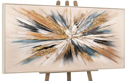 YS-Art Peintures acryliques abstraites colorées de luxe sur toile avec cadre beige tableau mural peint à la main salon moderne décoration de la maison photos bureau véritable art 140x70 cm