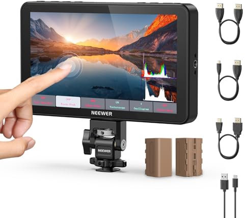 NEEWER F700 7 Monitor Campo Cámara, 2000nits Pantalla Táctil IPS HD 1920 x 1080 LUT 3D Entrada/Salida HDMI 4K Enfoque Máximo, Asistencia Video DSLR, Onda HDR, Zapata Fría, 2 Baterías NP-F750, Paño