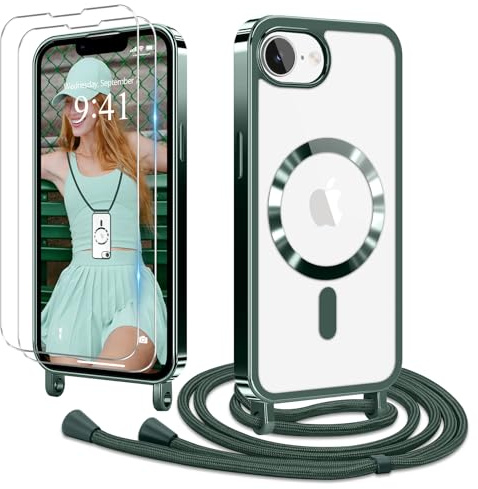 Ethanger für iPhone 17e iPhone 16e Hülle mit Band + 2 Schutzfolie, Grün | Handyband Transparent Silikon Handyhülle, Magnetische Schutzhülle Case zum Umhängen Kordel