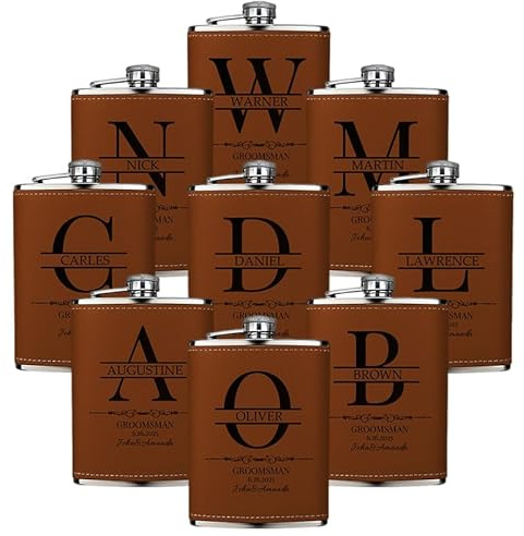 Juego de 9 Petacas de Licor Personalizados para Hombres, Regalos para Acompañantes del Novio o Padrino de Boda con Inicial, Frascos de 8oz en Cuero Grabado para Fiesta de Despedida, Marrón