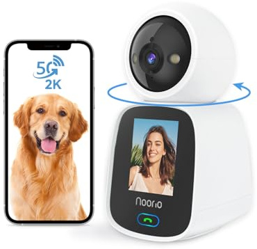 Noorio 5G Telecamera wifi interno, 2K Videocamera di Sorveglianza, Telecamera Cani con Schermo e Funzione Pan/Tilt, Un Clic Chiamata Video Bidirezionale, Monitor Anziano Bambino