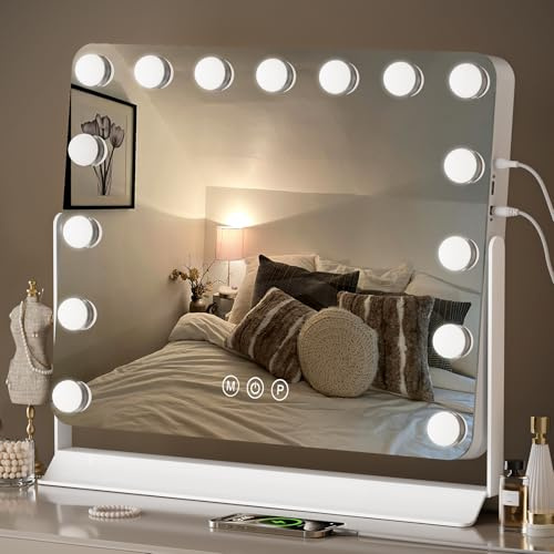 Hollywood Vanity Mirror with Lights, 60x53cm Lighted Makeup Mirror with 15 Dimmable Bulbs, 360° Rotating, 3 Lighting Modes, Smart Touch Control, USB & Type C Output Port, Gift for Women and Girls