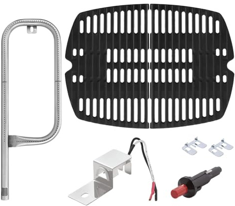 WELL GRILL Ersatzteile für Weber Q100, Q1000, Q1200, Q1400 Serie Gasgrill, 7644 Gusseisen Grillrost & 60040 Brennerrohr & 80462 Piezo Zünder für Weber Baby Q, Elektrogrill