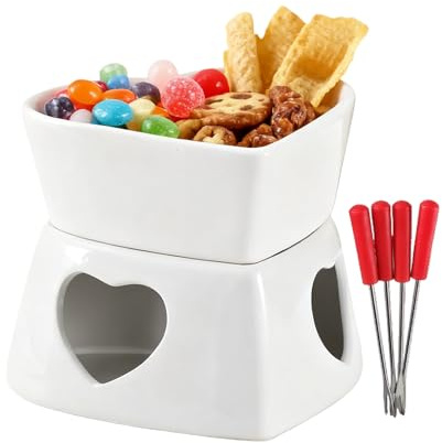 Lpoppcx Schokofondue Tasse, Herzförmiger Keramik Schokoladen Fondue Topfs Becher Zum Schmelzen Von Schokolade, Mehrzweck Chocolate Fondue Set Mit Gabel Für Käse,Schokolade,Butter Und Karamell