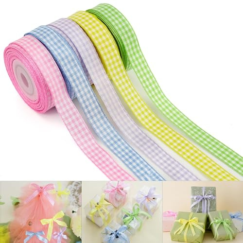 Geschenkband,10 mm kariertes Band, Karoband Schleifenband, Polyester Satinband, für Geschenkverpackung DIY Bastelkuchen Strauß Weihnachten Hochzeit Basteln Geburtstag (5PCS)