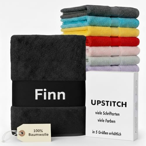 Upstitch Studios Handtuch mit Namen oder Wunschtext Bestickt, personalisiertes Duschtuch, individuelles Badetuch, 100% Baumwolle,30x50cm,50x100cm,140x70cm,80x200cm,100x210cm (schwarz, 50 x 100cm)