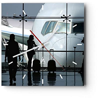 Modern Wanduhr Flugzeug Flughafen Passagiere 40x40cm Quadrat Groß Wand Uhr Glas Analog Zimmeruhren Küche Büro Wohnzimmer Glasuhr Wall Clock Dekoration Design Wanddekoration Küchenuhr C3AC40x40-0130