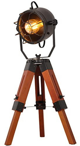 Barcelona LED Lampada da tavolo da terra Design industriale vintage con treppiede in legno e proiettore regolabile nero E27 Edison per bar camera da letto testiera soggiorno Nordica Studio Comodino