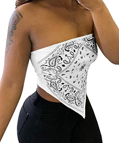Sexy bauchfreies Oberteil für Damen, Paisleymuster, Party, Club, Kostüm, trägerlos, dehnbar, Bandeau-Top, gesmoktes Bandana-Oberteil, Weiss/opulenter Garten, Mittel
