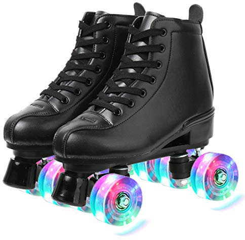 XUDREZ Classic Rollschuhe High-Top zweireihig Leder Rollschuhe für Damen und Herren (Black Flash Wheel, 5)
