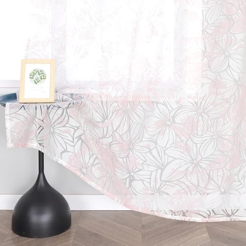 Delien Voile Ausbrenner Gardine mit Floral Muster transparenter Vorhang mit Kräuselband Wohnzimmer Gardinenschals BxH 140x145cm Pink 1 St.
