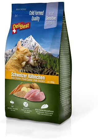 DeliBest Adult Sensitive Complete Cat Hähnchen I Trockenfutter für Katzen I aus 100% Schweizer Hähnchenfleisch I Glutenfrei, & ohne Zusätze I Katzenfutter kaltgepresst I 600 g