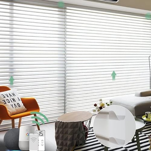 Yoolax Elektrisches Smart Shangri-la Rollo mit Motor und Fernbedienung, Alexa & Google Home Kompatibel Doppelrollo, Sprachsteuerung, Licht-Filterung, Aufladbar, Fein 85% Verdunkelung, Weiß