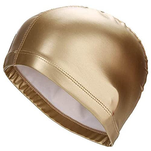 Tela elástica impermeable de la PU protege las orejas de pelo largo deportes natación sombrero de piscina tamaño libre para hombres y mujeres Color sólido OneSize oro