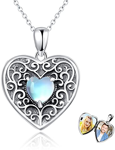 Waysles Herz Medaillon Kette Damen Silber 925 Personalisierte Foto kette Mondstein Medaillon Herz Amulett zum Öffnen 2 Fotos Geschenk für Freundin Frau Mutter Love You Forever