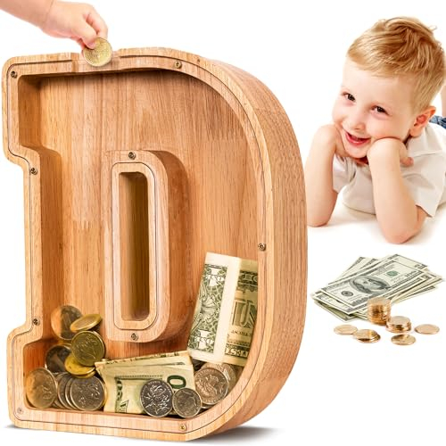 Summidate Spardose für Kinder Junge, Personalisiert Holz Großes Sparschwein, Unzerbrechliches Buchstabe A-Z Sparbüchse für Kinder Mädchen, Erwachsene, Geschenk&Dekoration