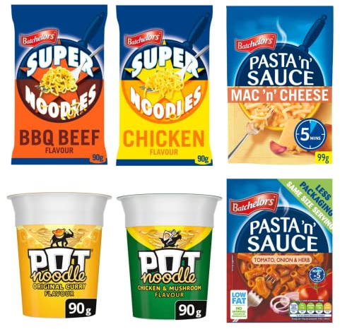 Batchelors Super Noodles - Chicken & BBQ Beef, Pot Noodle - Chicken and Mushroom & Curry, Batchelors Pasta ’n’ Sauce - Low Fat Tomato Onion & Herb & Mac ’n’ Cheese