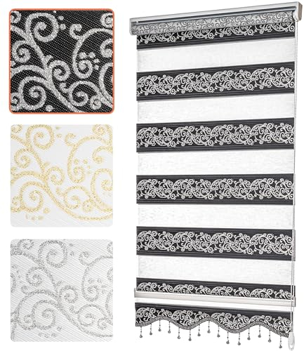 Bailena® Doppelrollo Klemmfix ohne Bohren - 4in1 Duo Rollo mit Muster Schwarz Silber Glitzernd 60x200cm - Ranken & Blumen Motiv Doppelrollo mit Perlen - Gardinen Rollos für Fenster & Tür