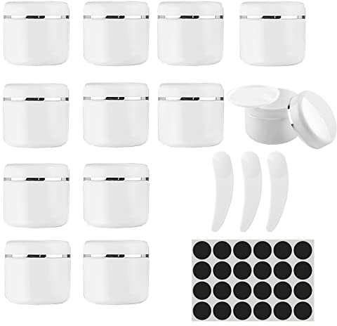 DRADERCH 12 Pièces 50ml Pots Cosmétiques Vide Blanc, Conteneurs Cosmétiques avec Spatule en Plastique, Petite Pots Rechargeables D'échantillon pour Slime Lotion Brillant à Lèvres Huiles Essentielles