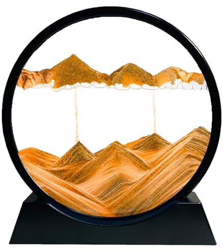 SANDCLE Peinture de Sable Mobile - Cadre Sablier, Images de l'art du Sable en Mouvement, Sable Dynamique dans un Verre Rond, 3D Sable de Paysage pour le Bureau Maison Décoration(Jaune, 7 Pouces)