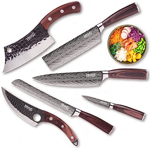 JIKKO® Japanisches Messer Set AUS-10 Verstärkter Kohlenstoffstahl - Komplettes Küchenmesser Set - Hochwertige Kochmesser mit Griffen aus Mahagoni und Walnuss - Außergewöhnliche Schneiden…
