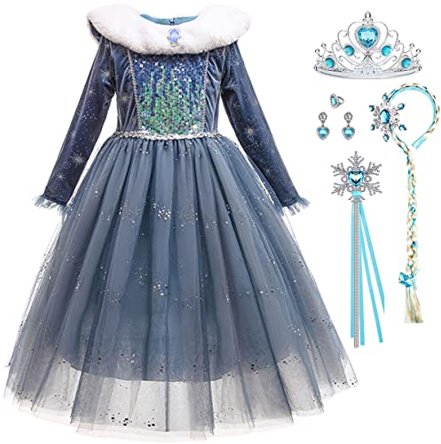Snyemio Princesse Robe Reine des Neiges Costume Elsa Déguisement pour Filles Enfant Halloween Noël Carnaval Bleu Foncé, 5-6 Ans