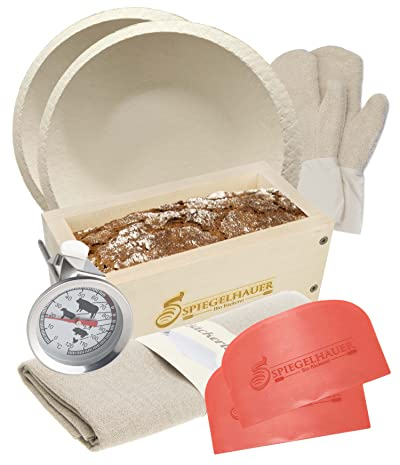 Bäckerei Spiegelhauer Backset 2 Teigschaber, Backrahmen aus Ahornholz, Bäckerleinen, Einstechthermometer, Fausthandschuhe (ein Paar), 2 Gärkörbchen rund