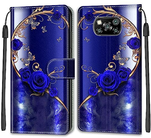 SIENIANLINE Handyhülle für Xiaomi Poco X3 / X3 Pro Hülle Leder Blaue Rose | Magnetverschluss, Kartenfächern & Standfunktion, robuste Premium PU Leder Klapphülle für Xiaomi Poco X3