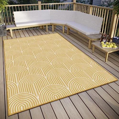 Hanse Home Pangli Outdoor Teppich Wetterfest – Wendeteppich Skandinavischer Boho Style Wasserfest Einfarbig Geometrisch 3D-Effekt für Garten, Balkon, Terrasse, Wohnzimmer – Ocker, 80x150cm