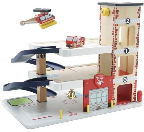 Le Toy Van TV453 Wooden 3 Storey Fire & Rescue Garage Car Set, Vehicle Role Play Toys for Children Age 3+, Multicoloured, Large