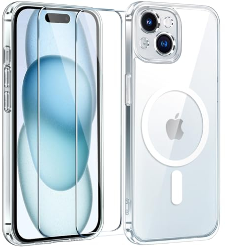 ivoler Magnetic Case for iphone 15 6.1 inch, [Compatible with MagSafe] with 2 packs Glass Screen Protector [Shockproof Military-Grade Protection] Slim Hard Cover - Clear