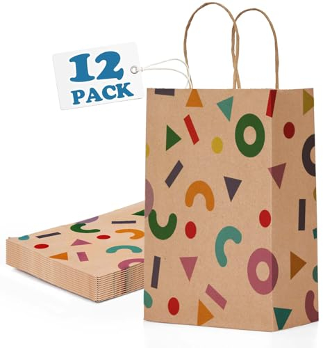 Switory 12 Stück Geschenktüten Klein, Party Papiertüten mit Henkel, Bausteine Braun Kraftpapier Für Party, Geburtstag, Hochzeit, Valentinstag 15x8x21CM