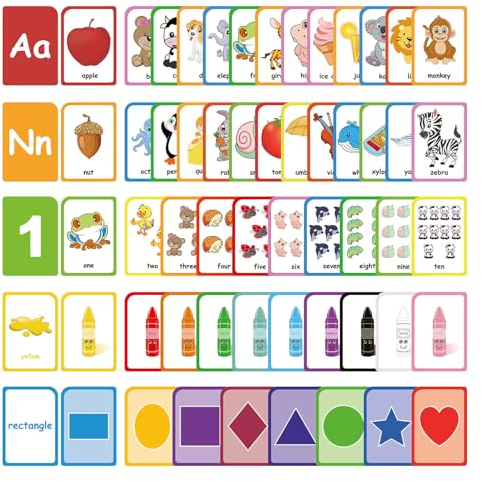 ZazzyKid Lernkarten für Kleinkinder, 54 doppelseitige Lernkarten für Alphabete, Zahlen, Farben, Formen, Lernspielzeug für die Vorschule, 9x12.7cm, Mehrfarbig