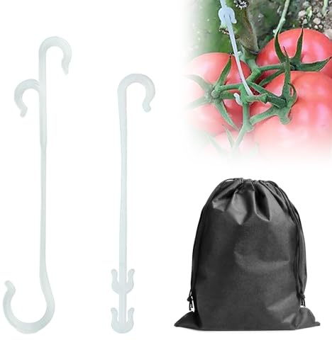 MEMOFYND 200 Stück Tomatenhaken Mit 1 Schwarzen Vliesbeutel, Pflanzenfruchthaken, J-Förmiger Haken, Pflanzenklammer, Obstklammer, Gemüsehaken, Tomatenregal (Weiß)