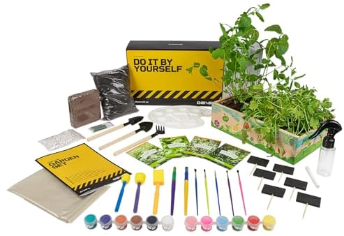 DIYBS Kit Jardineria Niños | Juego Completo de Jardinería con Semillas de Hierbas, Herramientas de Madera, Tierra, Colores y Caja de Cultivo para Pintar | Idea de Regalo Creativa | Set de Plantas