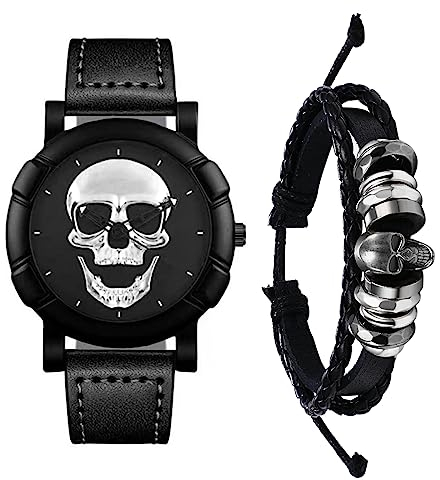 Silverora 2pcs Totenkopf Herrenuhr Lederarmband Set- 2 Stücke Silber Schädel Analog Quarz Uhr Armkette Halloween Set Steampunk Gotic Verstellbar Leder Armbanduhr Armreif Geschenke für Männer Schwarz