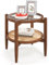 GYMAX Mesa Auxiliar Redonda, Mesa de Centro de Ratán de 2 Niveles con Tapa de Cristal Templado y Patas de Madera de Acacia, Mesita de Noche, Ahorra Espacio, para Dormitorio, Salón, 56 x 56 x 46cm